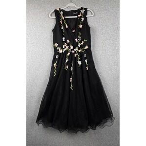 Dabuwawa Dress Womens Medium Black Floral Tulle Fit & Flare V Neck Midi Party